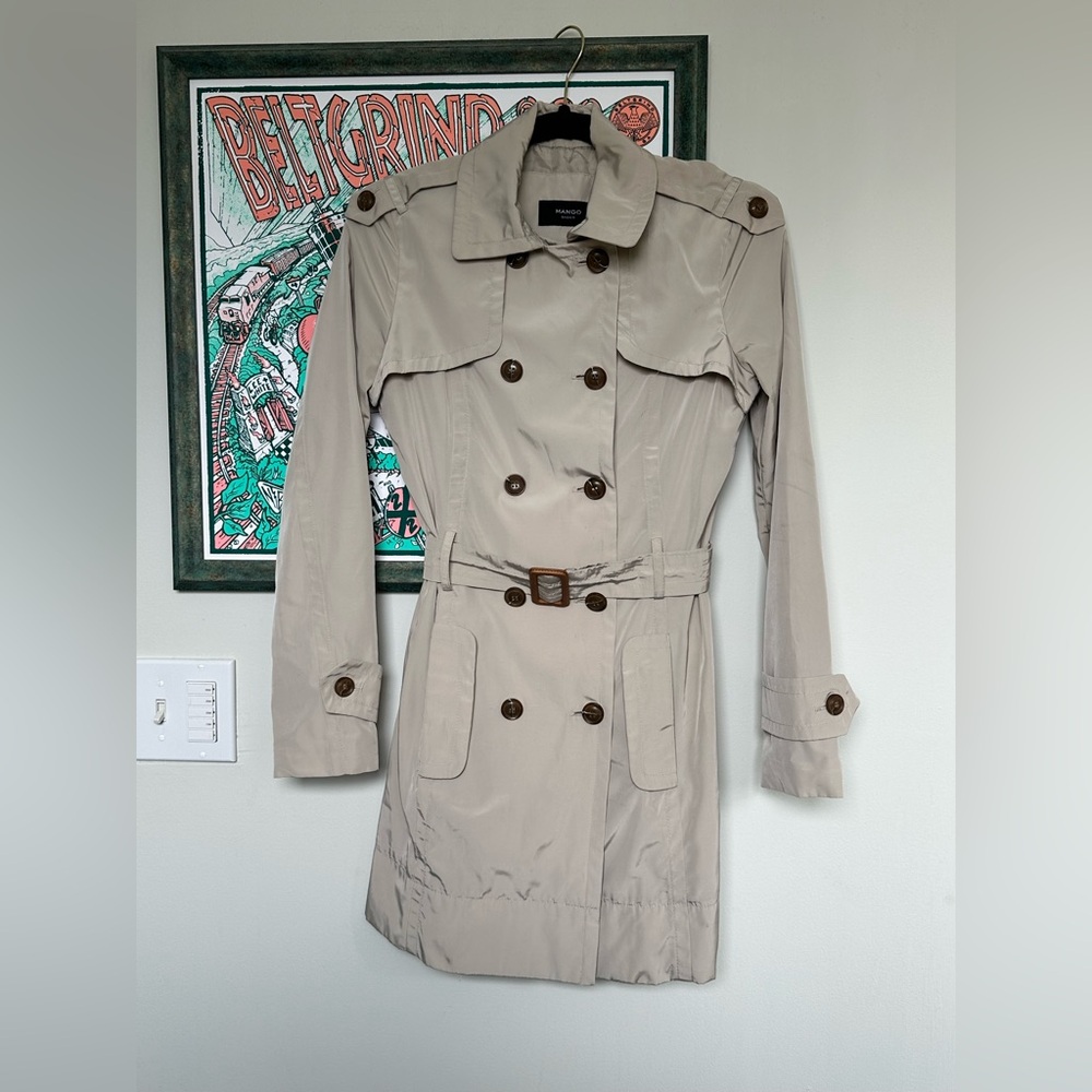 MANGO Beige Tan Khaki Double-Breasted Belted Trench Coat Jacket Women’s Size XXS